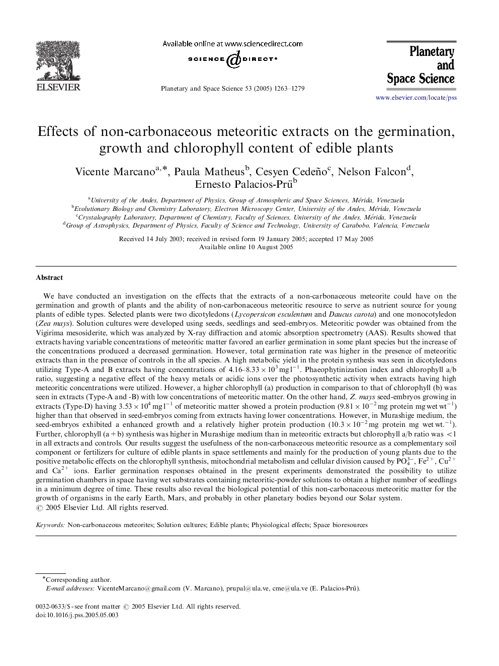 Effects of non-carbonaceous meteoritic extracts on the germination, growth and chlorophyll content of edible plants