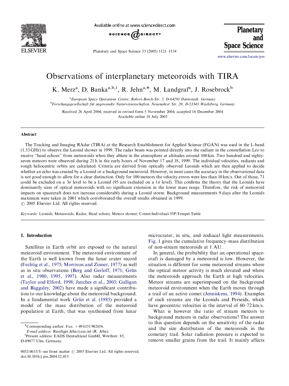 Observations of interplanetary meteoroids with TIRA