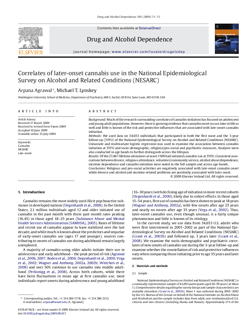 Correlates of later-onset cannabis use in the National Epidemiological Survey on Alcohol and Related Conditions (NESARC)