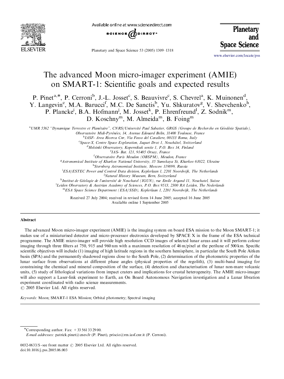 عکس صفحه اول مقاله: The advanced Moon micro-imager experiment (AMIE) on SMART-1: Scientific goals and expected results The advanced Moon micro-imager experiment (AMIE) on SMART-1: Scientific goals and expected results