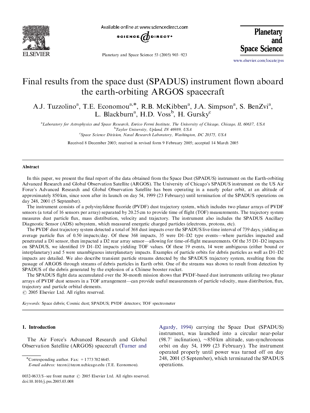 Final results from the space dust (SPADUS) instrument flown aboard the earth-orbiting ARGOS spacecraft