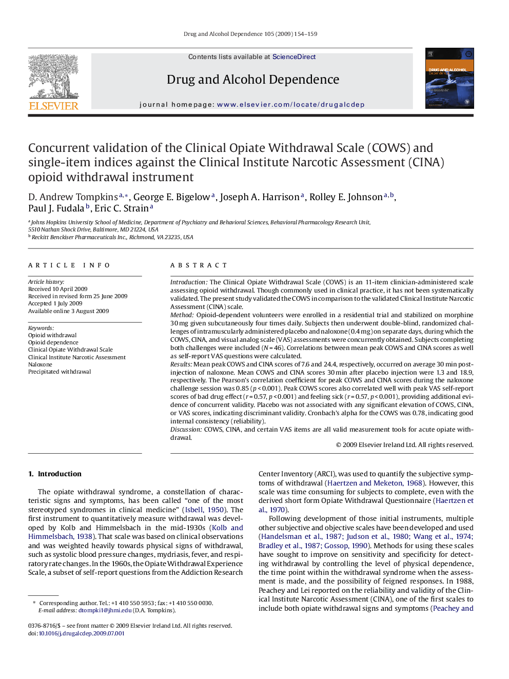 Concurrent validation of the Clinical Opiate Withdrawal Scale (COWS) and single-item indices against the Clinical Institute Narcotic Assessment (CINA) opioid withdrawal instrument