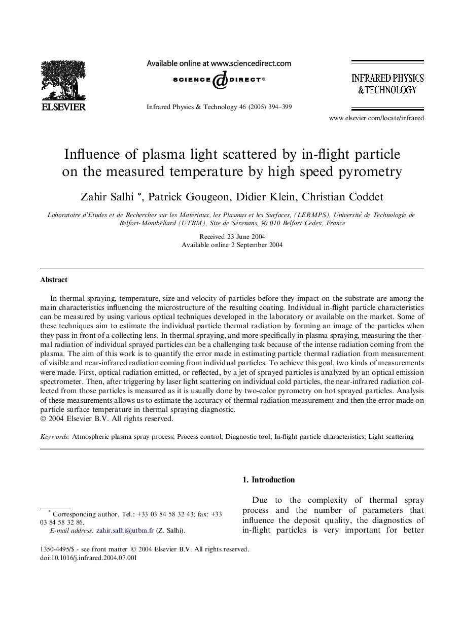 Influence of plasma light scattered by in-flight particle on the measured temperature by high speed pyrometry