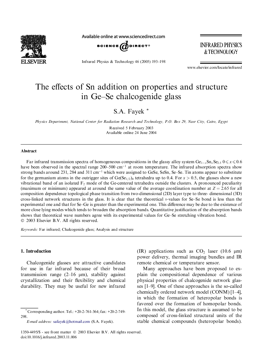 The effects of Sn addition on properties and structure in Ge-Se chalcogenide glass