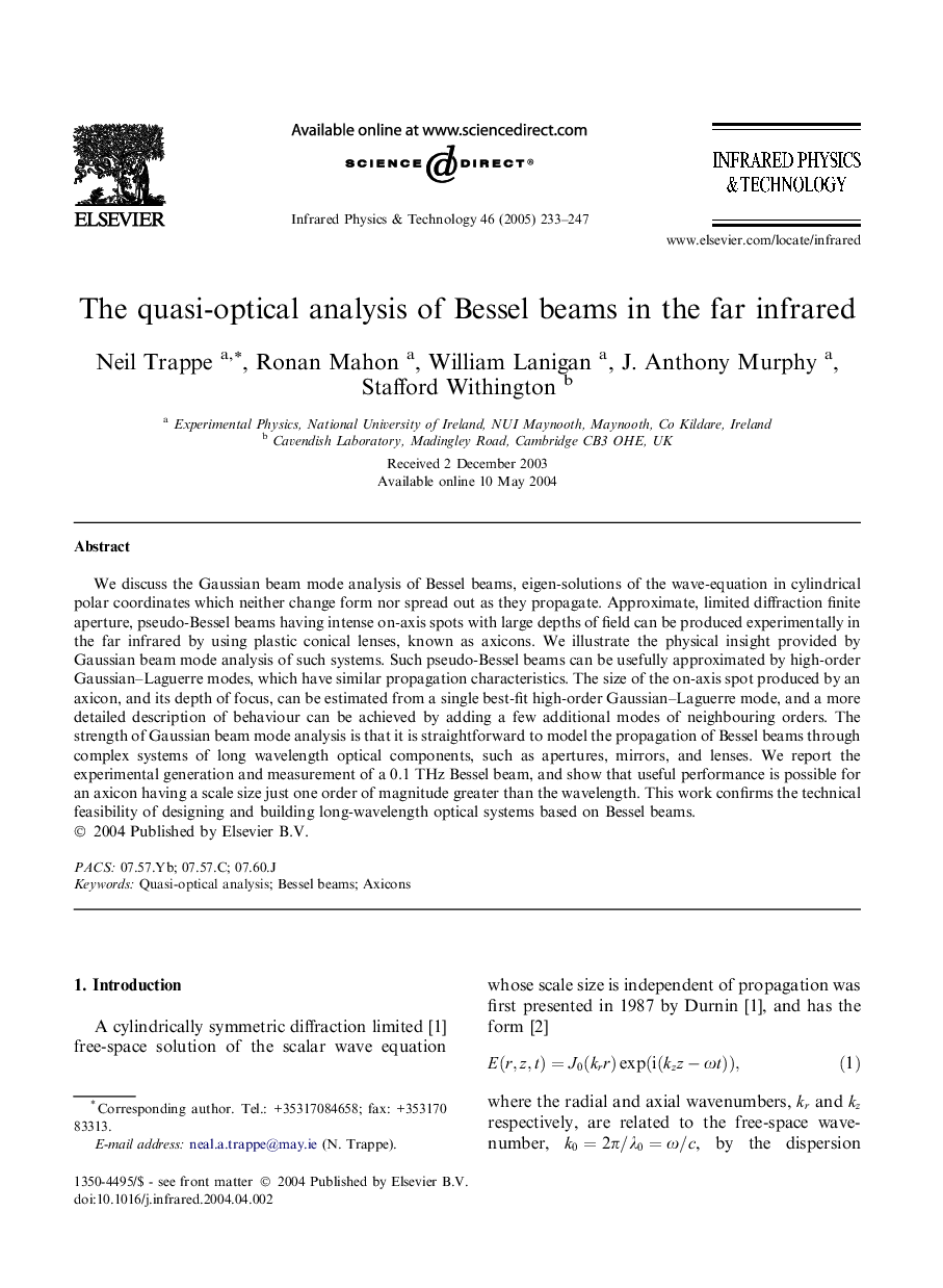 The quasi-optical analysis of Bessel beams in the far infrared