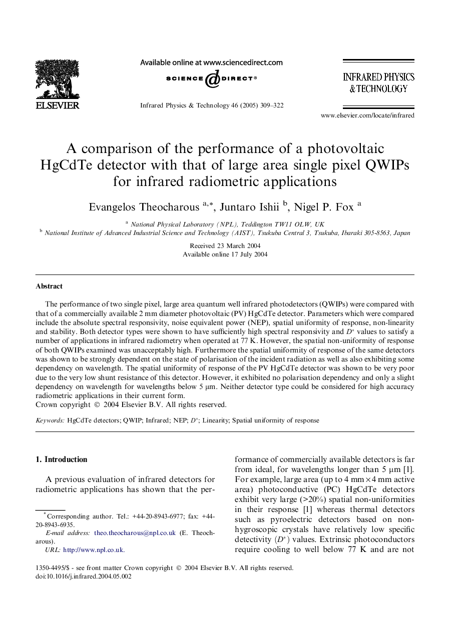 A comparison of the performance of a photovoltaic HgCdTe detector with that of large area single pixel QWIPs for infrared radiometric applications