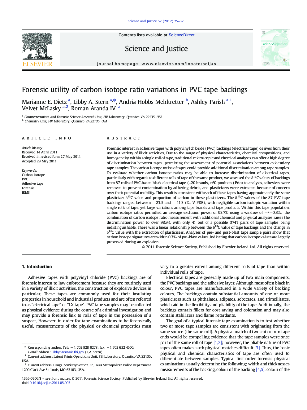 Forensic utility of carbon isotope ratio variations in PVC tape backings