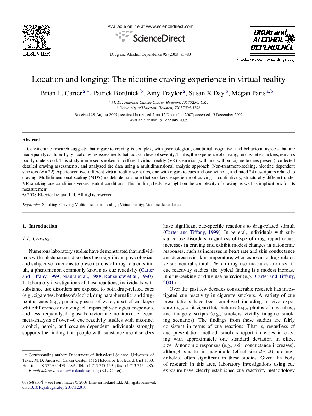 Location and longing: The nicotine craving experience in virtual reality