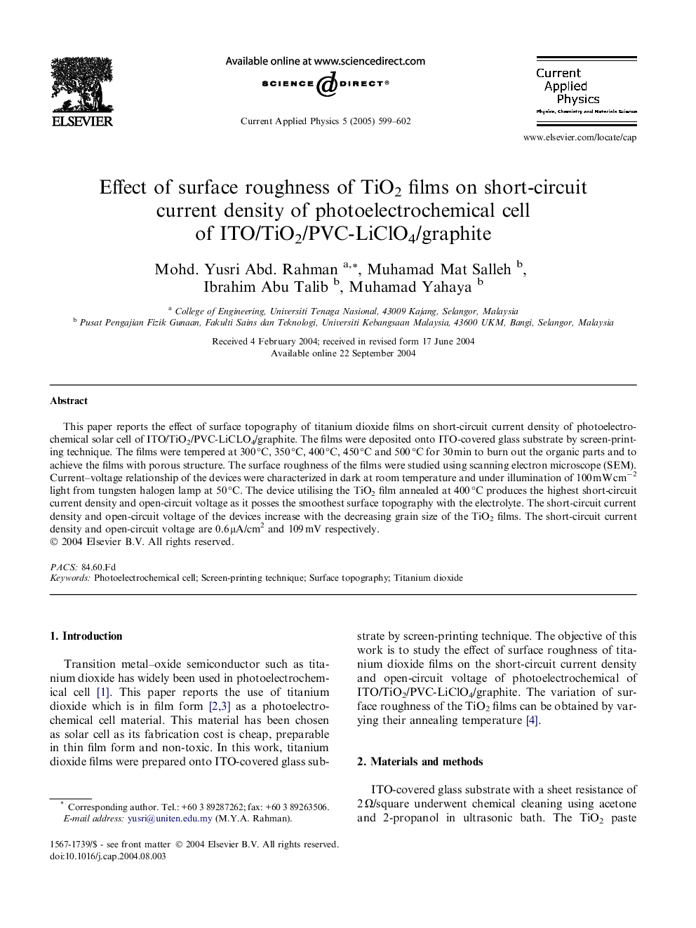 Effect of surface roughness of TiO2 films on short-circuit current density of photoelectrochemical cell of ITO/TiO2/PVC-LiClO4/graphite