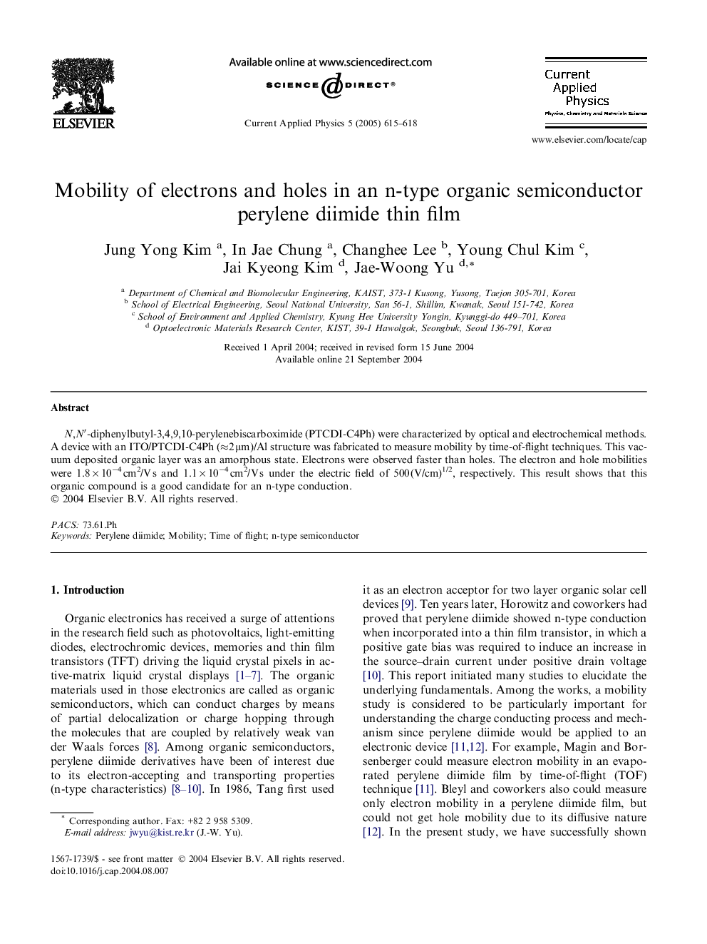 Mobility of electrons and holes in an n-type organic semiconductor perylene diimide thin film