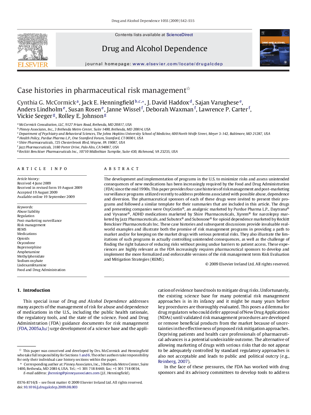 Case histories in pharmaceutical risk management 