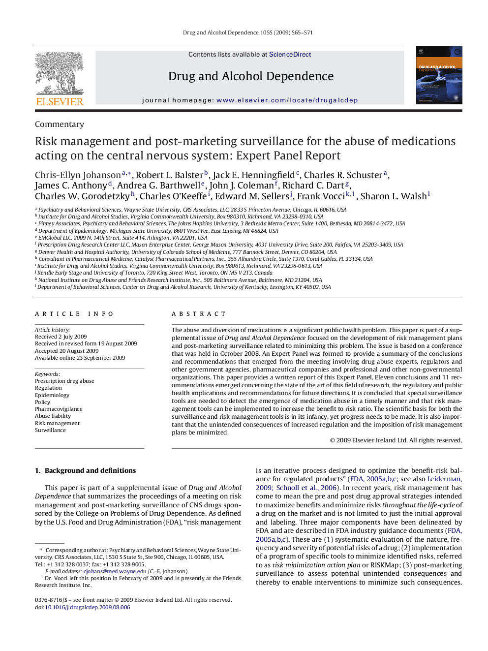 Risk management and post-marketing surveillance for the abuse of medications acting on the central nervous system: Expert Panel Report