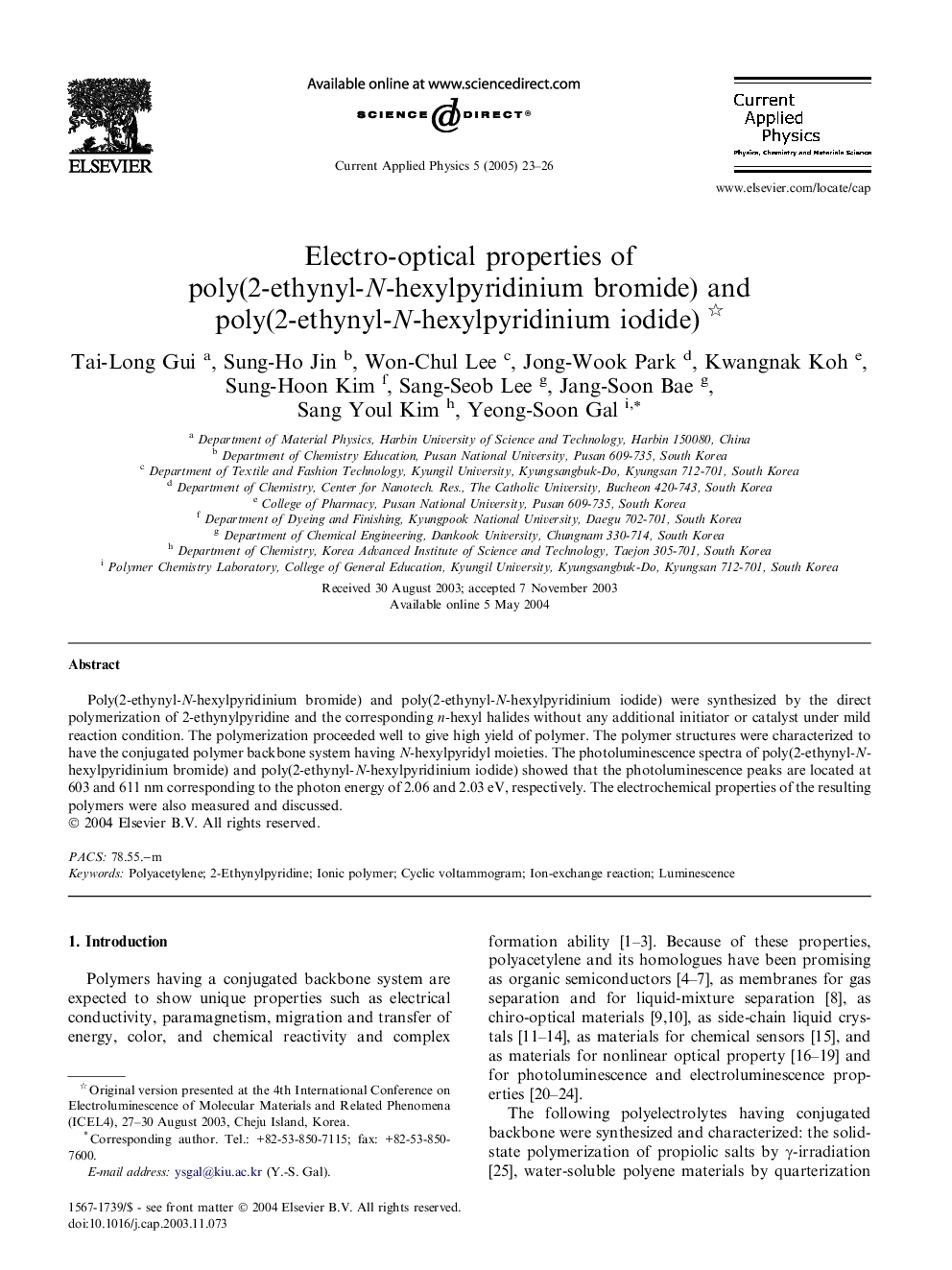 Electro-optical properties of poly(2-ethynyl-N-hexylpyridinium bromide) and poly(2-ethynyl-N-hexylpyridinium iodide)