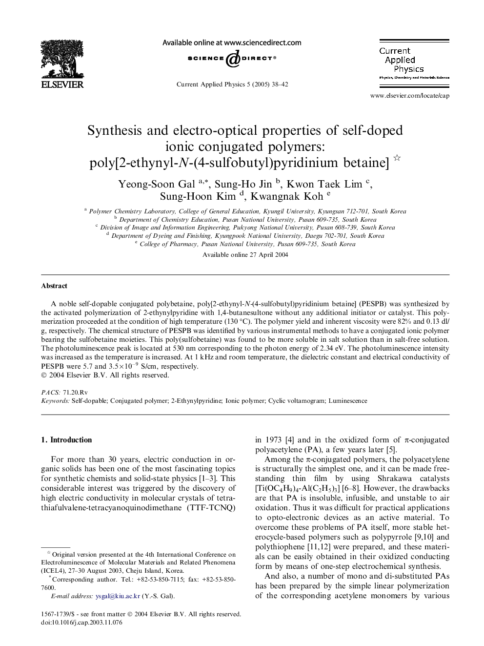 Synthesis and electro-optical properties of self-doped ionic conjugated polymers: poly[2-ethynyl-N-(4-sulfobutyl)pyridinium betaine]