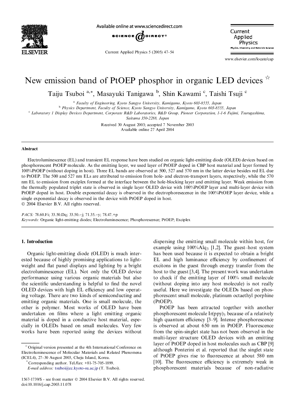 New emission band of PtOEP phosphor in organic LED devices