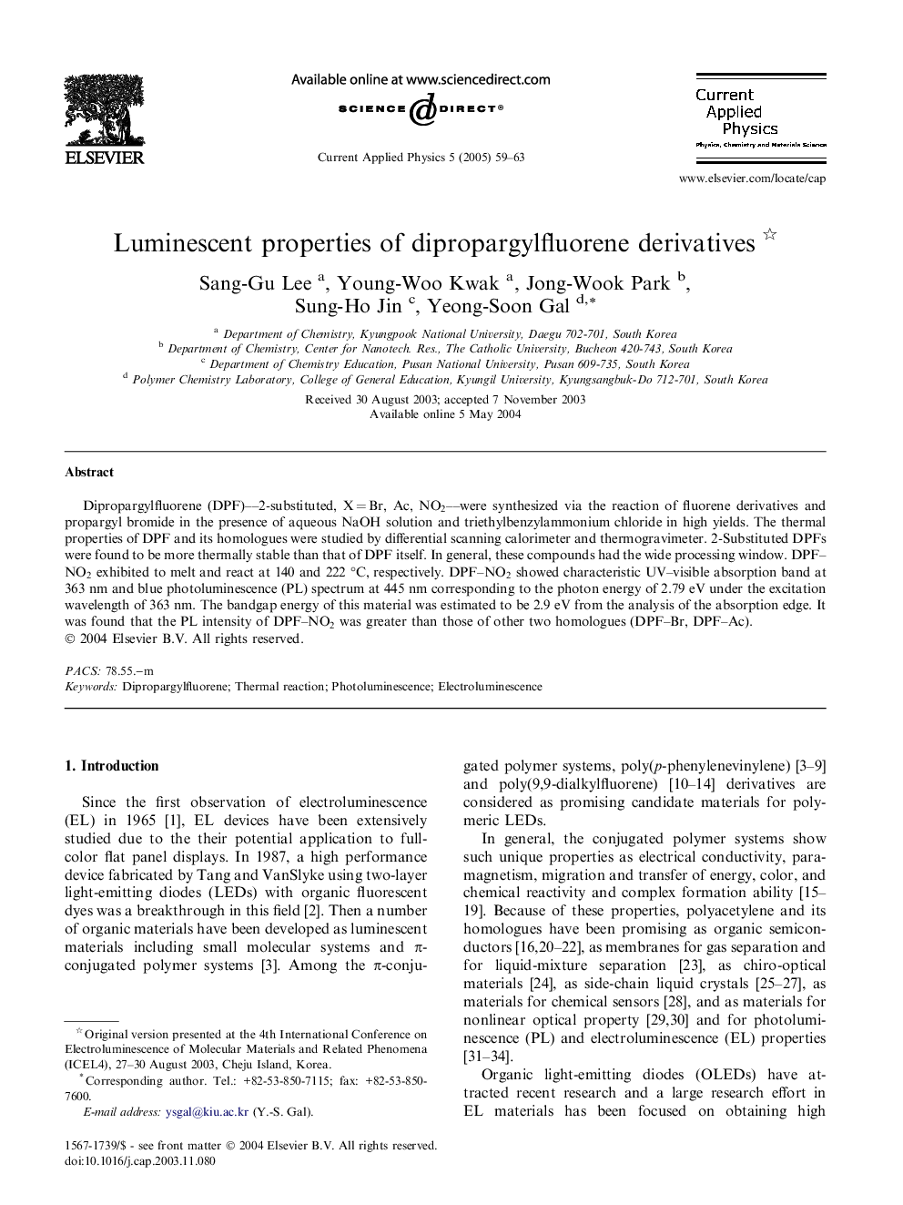 Luminescent properties of dipropargylfluorene derivatives