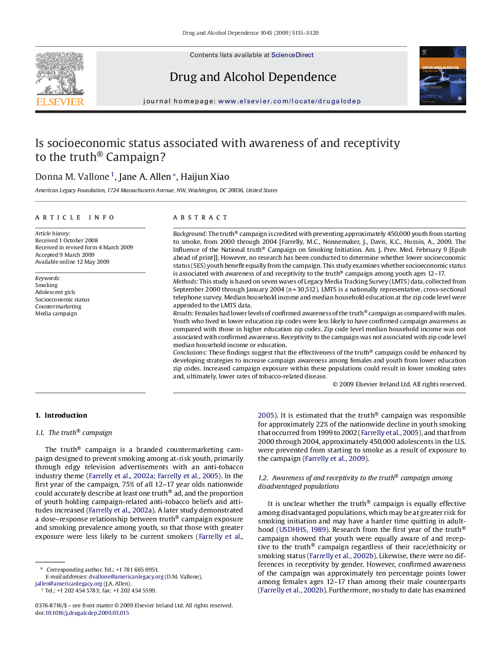 Is socioeconomic status associated with awareness of and receptivity to the truth® Campaign?