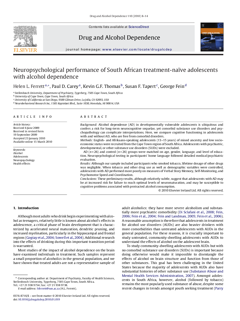 Neuropsychological performance of South African treatment-naïve adolescents with alcohol dependence