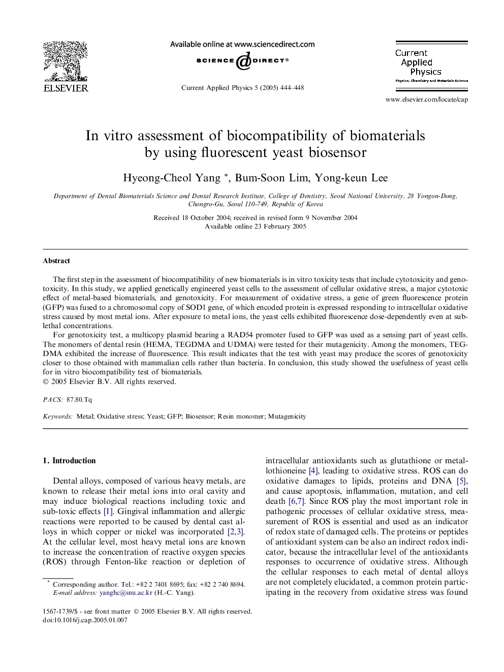 In vitro assessment of biocompatibility of biomaterials by using fluorescent yeast biosensor