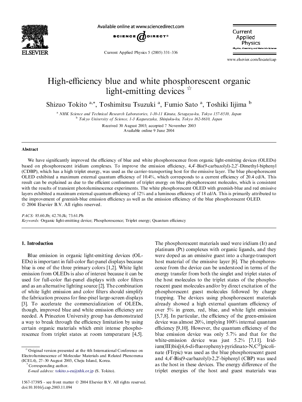 High-efficiency blue and white phosphorescent organic light-emitting devices