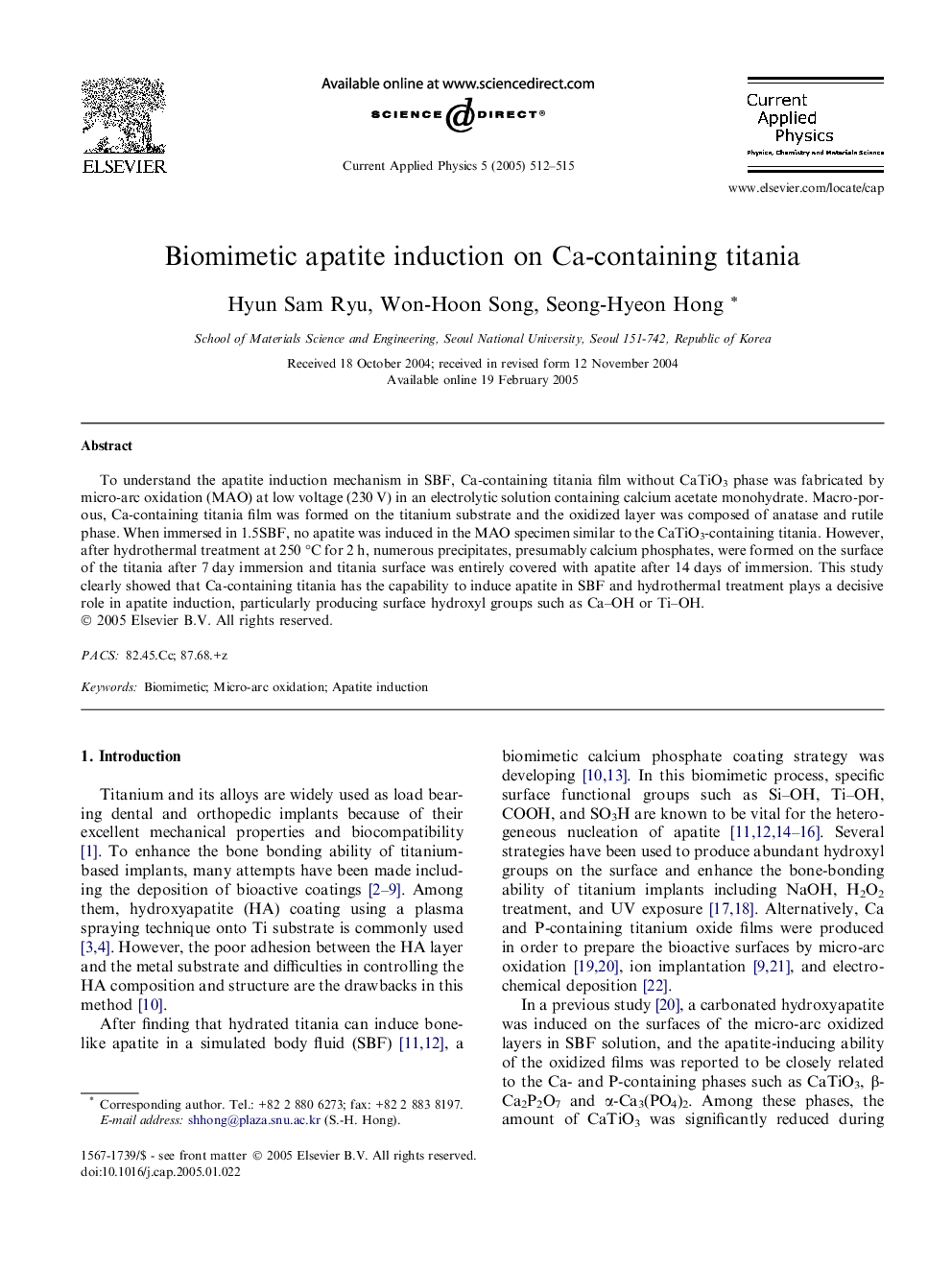 Biomimetic apatite induction on Ca-containing titania