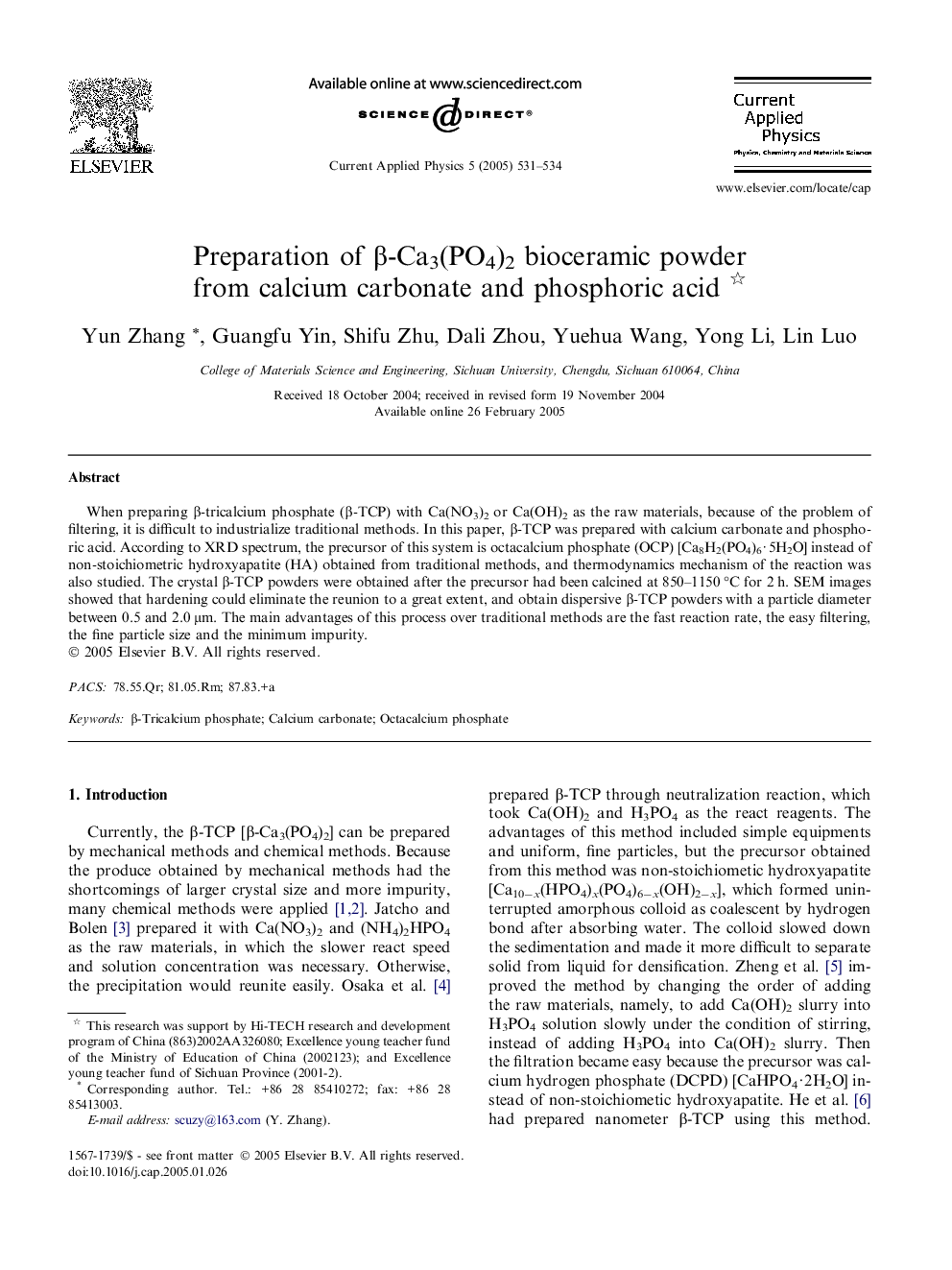 Preparation of Î²-Ca3(PO4)2 bioceramic powder from calcium carbonate and phosphoric acid