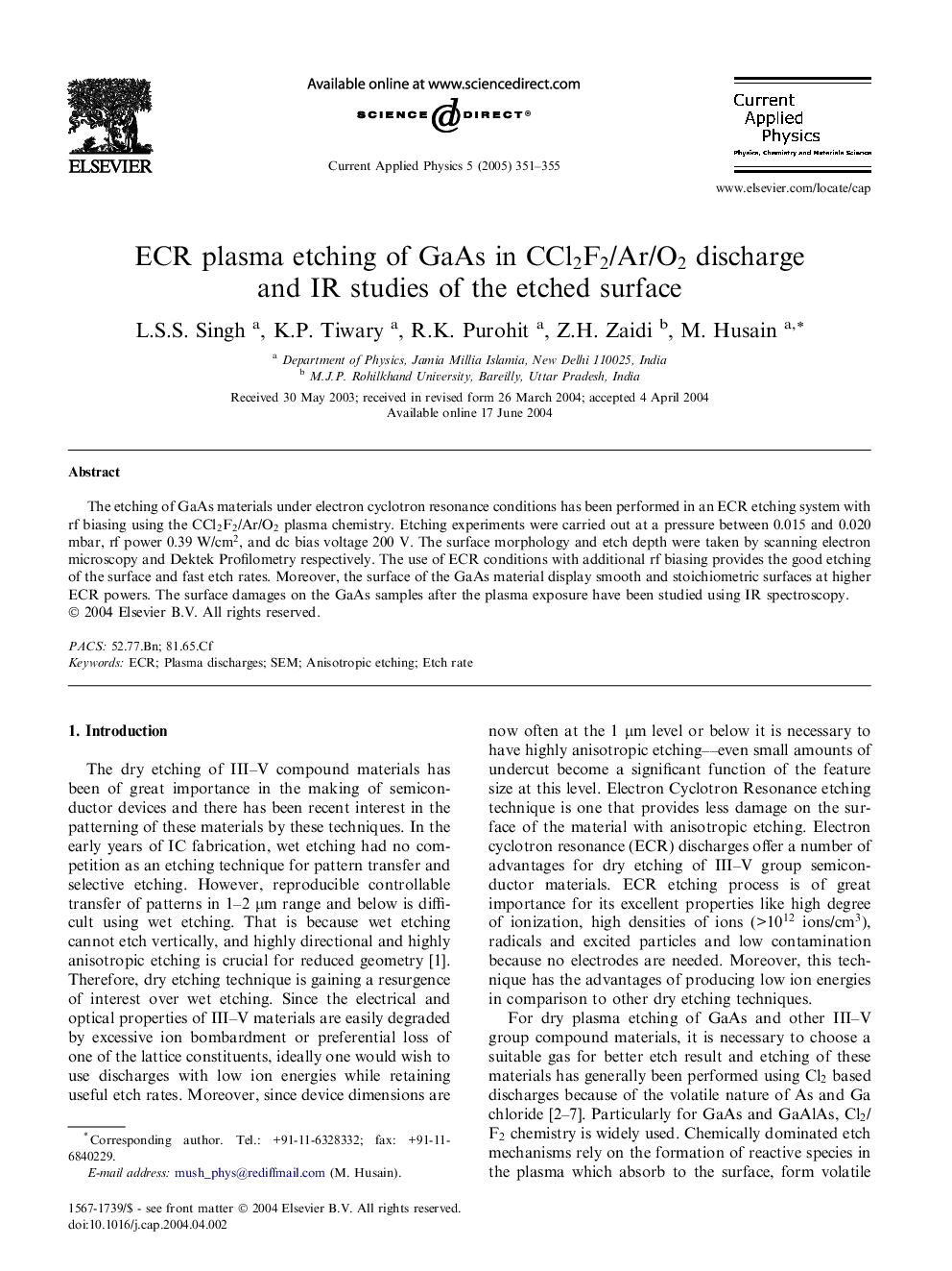 ECR plasma etching of GaAs in CCl2F2/Ar/O2 discharge and IR studies of the etched surface