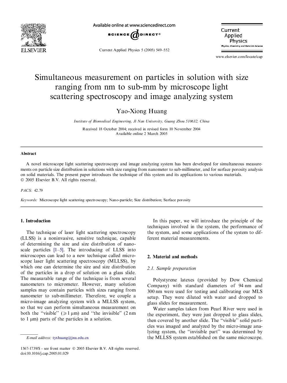 Simultaneous measurement on particles in solution with size ranging from nm to sub-mm by microscope light scattering spectroscopy and image analyzing system