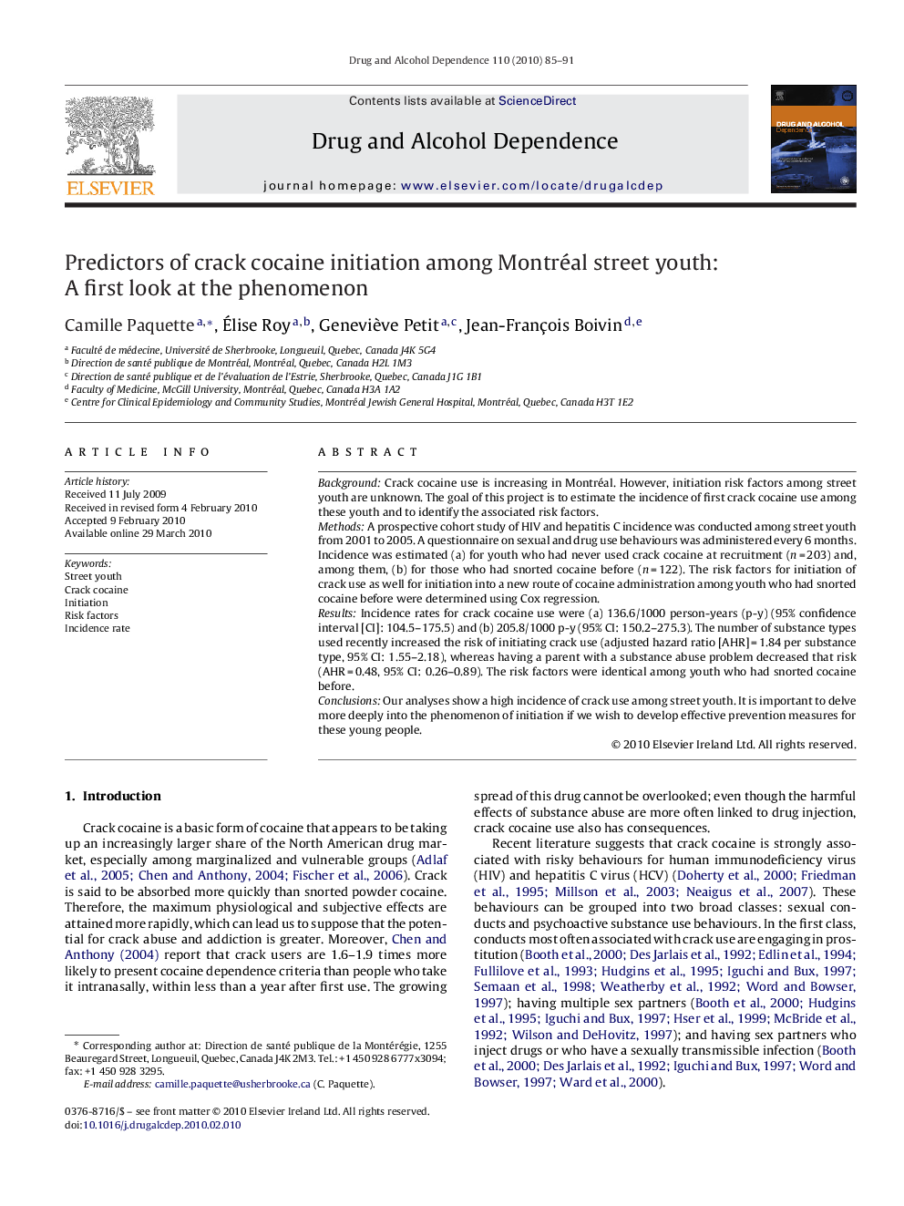 Predictors of crack cocaine initiation among Montréal street youth: A first look at the phenomenon