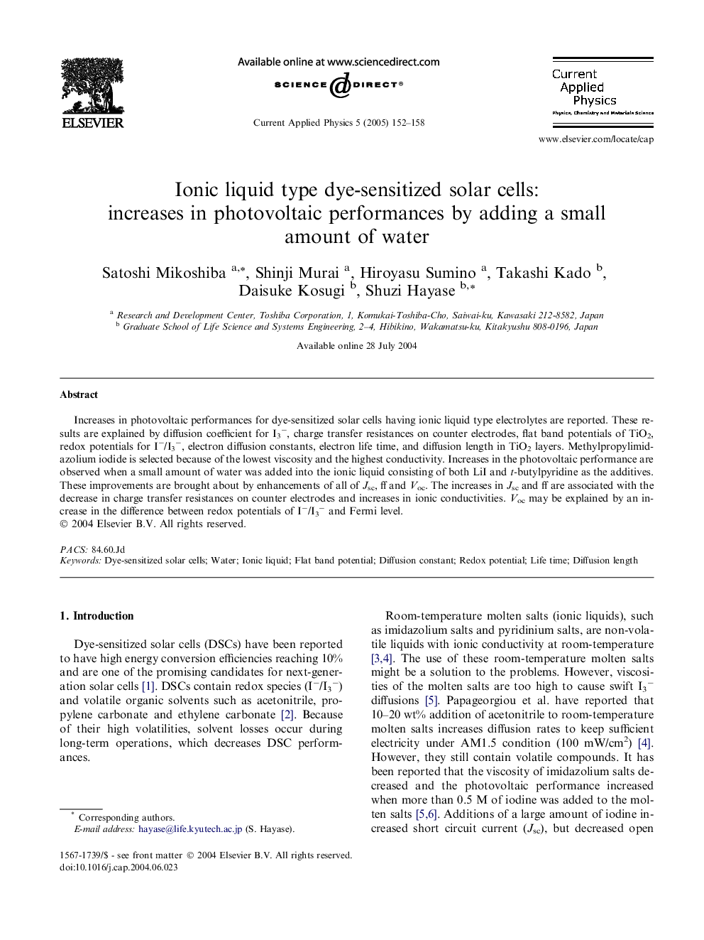 Ionic liquid type dye-sensitized solar cells: increases in photovoltaic performances by adding a small amount of water