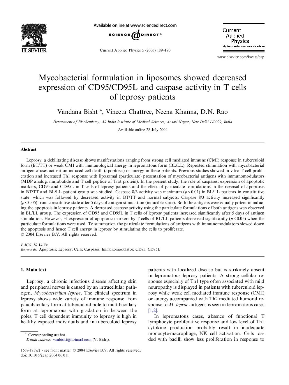 Mycobacterial formulation in liposomes showed decreased expression of CD95/CD95L and caspase activity in T cells of leprosy patients