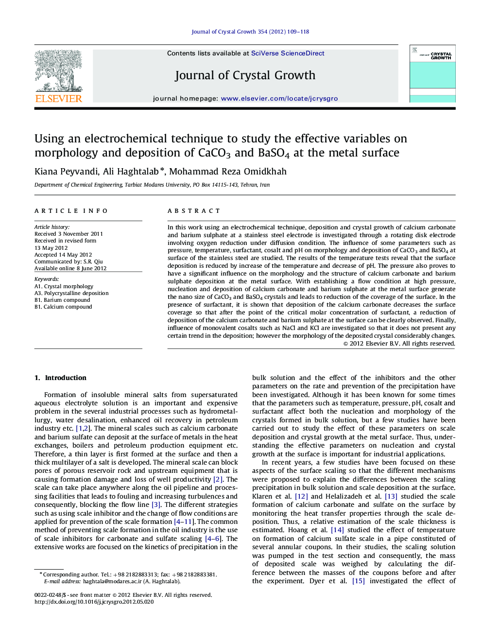 Using an electrochemical technique to study the effective variables on morphology and deposition of CaCO3 and BaSO4 at the metal surface