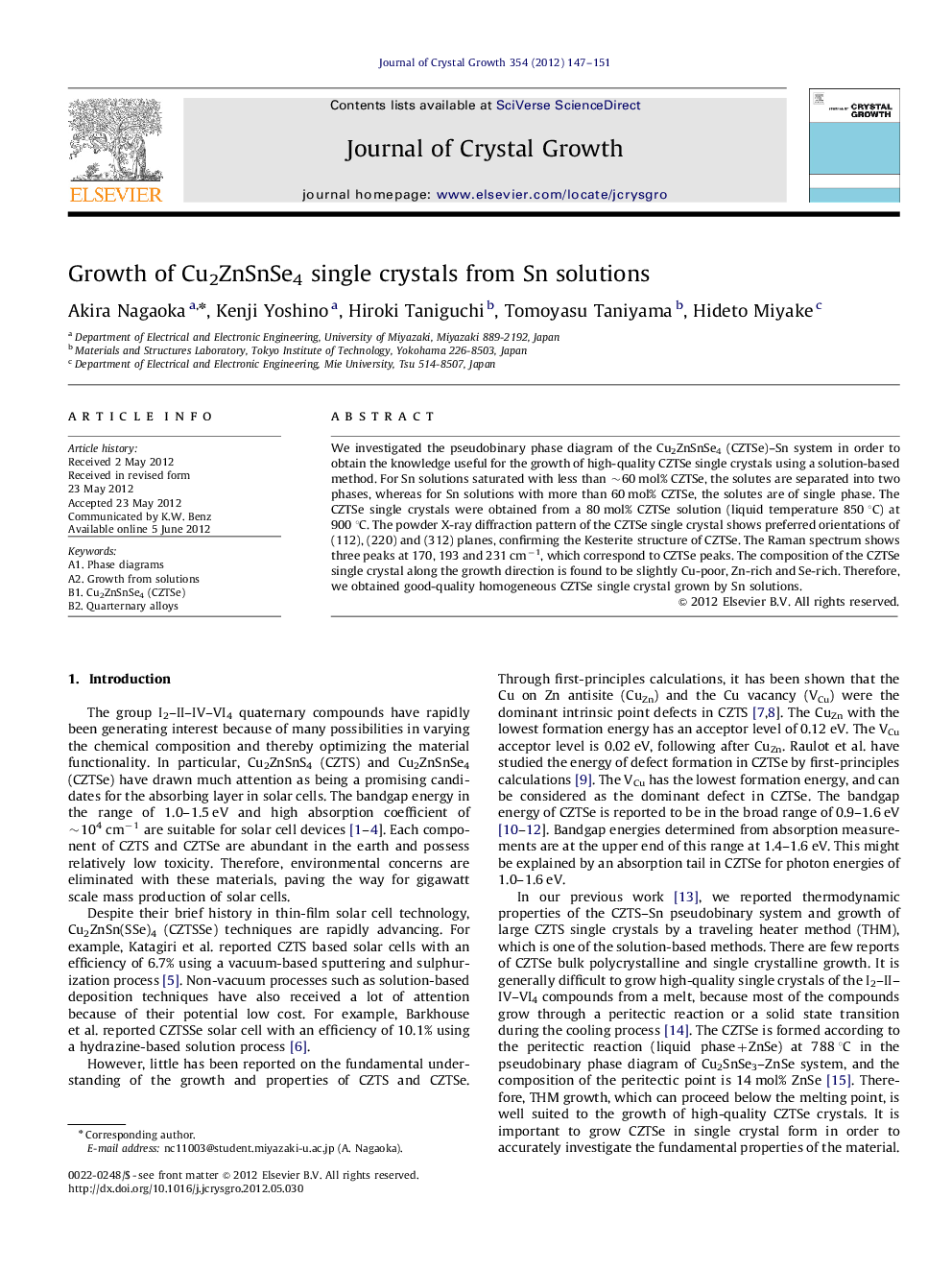 Growth of Cu2ZnSnSe4 single crystals from Sn solutions