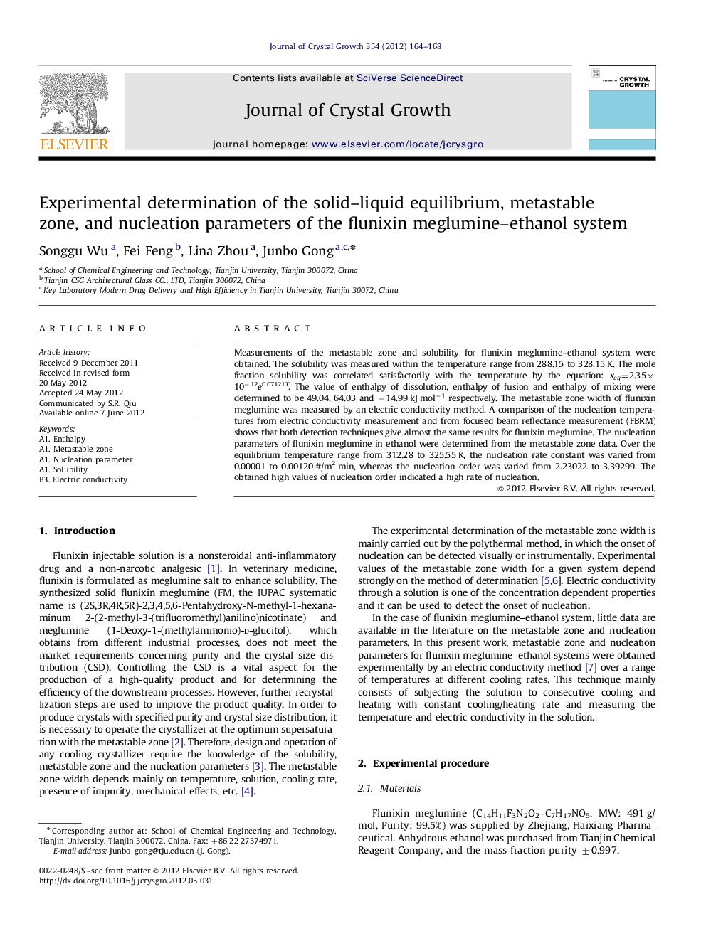 Experimental determination of the solid-liquid equilibrium, metastable zone, and nucleation parameters of the flunixin meglumine-ethanol system