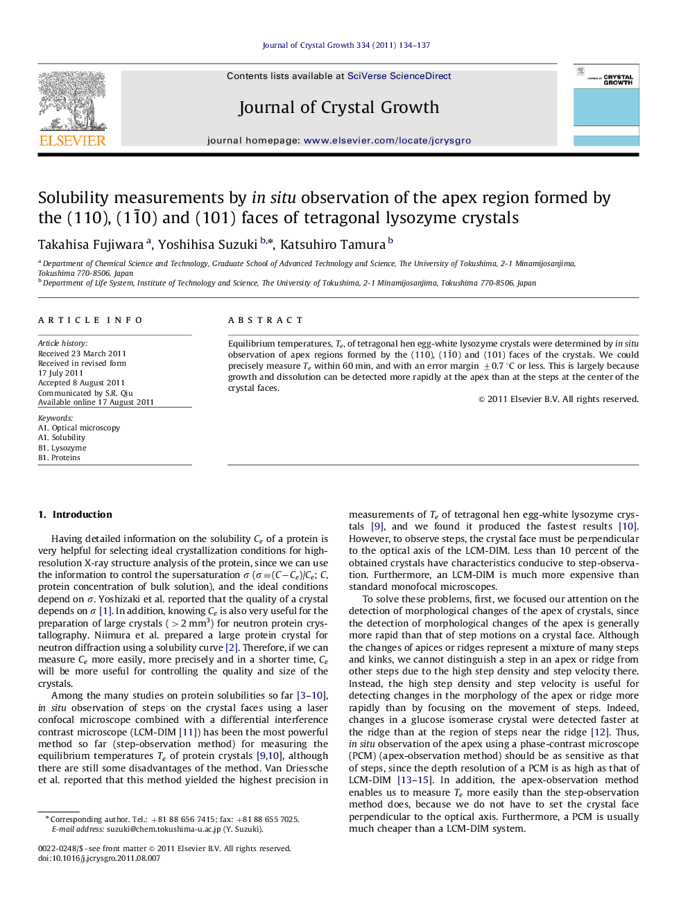 Solubility measurements by in situ observation of the apex region formed by the (110), (11Ì0) and (101) faces of tetragonal lysozyme crystals