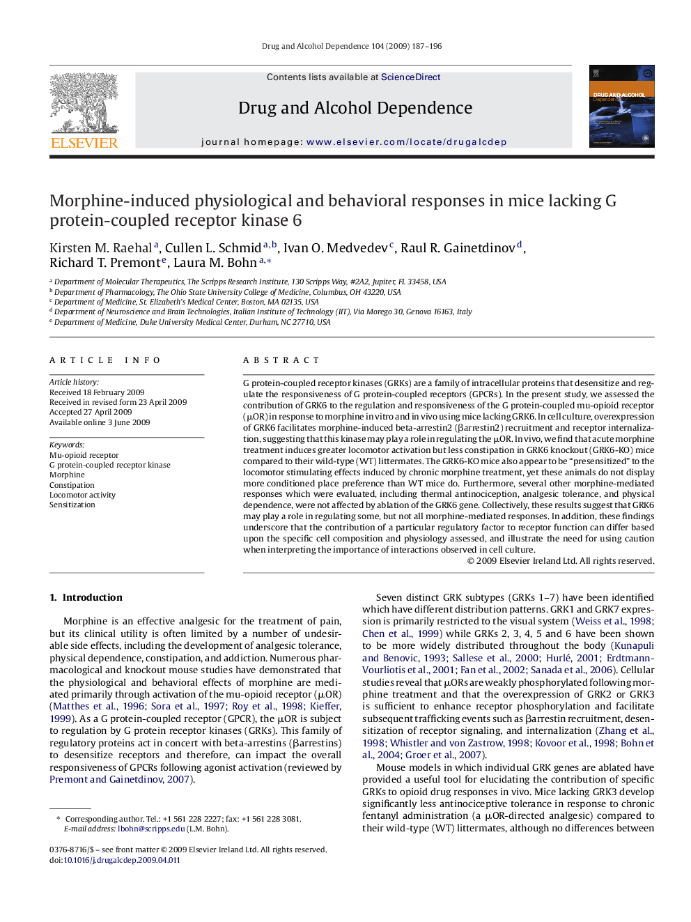 Morphine-induced physiological and behavioral responses in mice lacking G protein-coupled receptor kinase 6