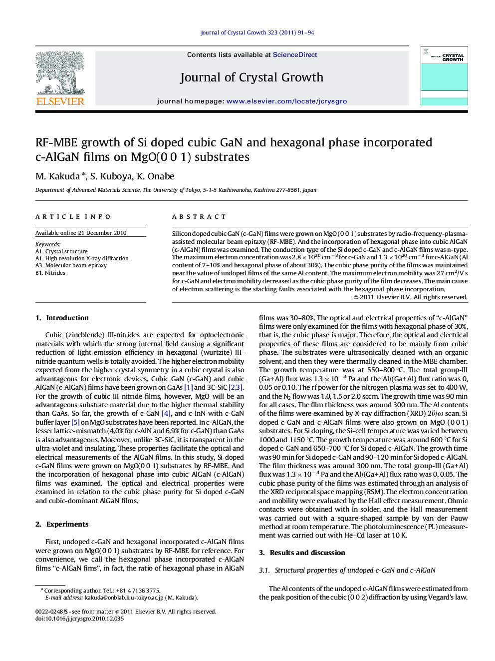 RF-MBE growth of Si doped cubic GaN and hexagonal phase incorporated c-AlGaN films on MgO(0Â 0Â 1) substrates