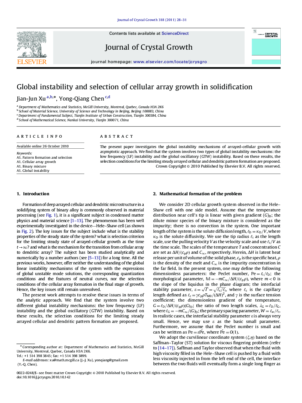 Global instability and selection of cellular array growth in solidification