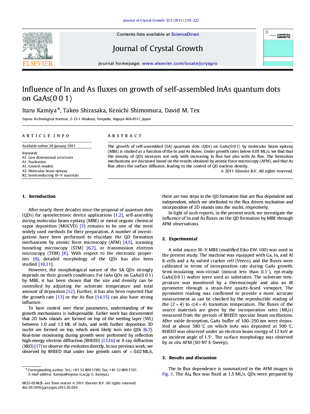 Influence of In and As fluxes on growth of self-assembled InAs quantum dots on GaAs(0Â 0Â 1)