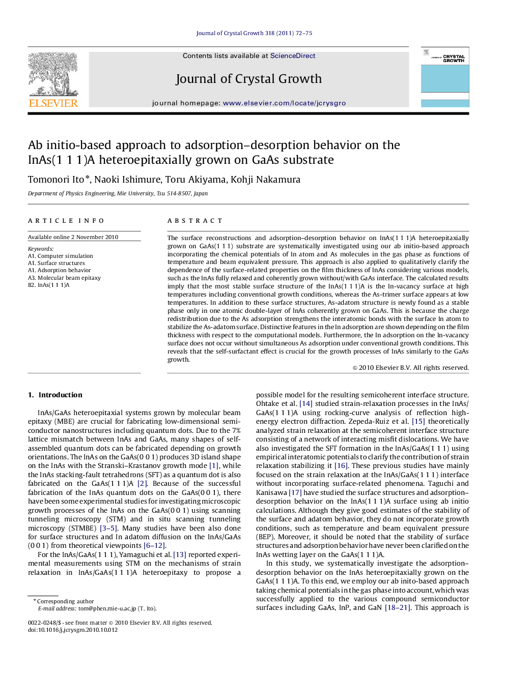 Ab initio-based approach to adsorption-desorption behavior on the InAs(1Â 1Â 1)A heteroepitaxially grown on GaAs substrate