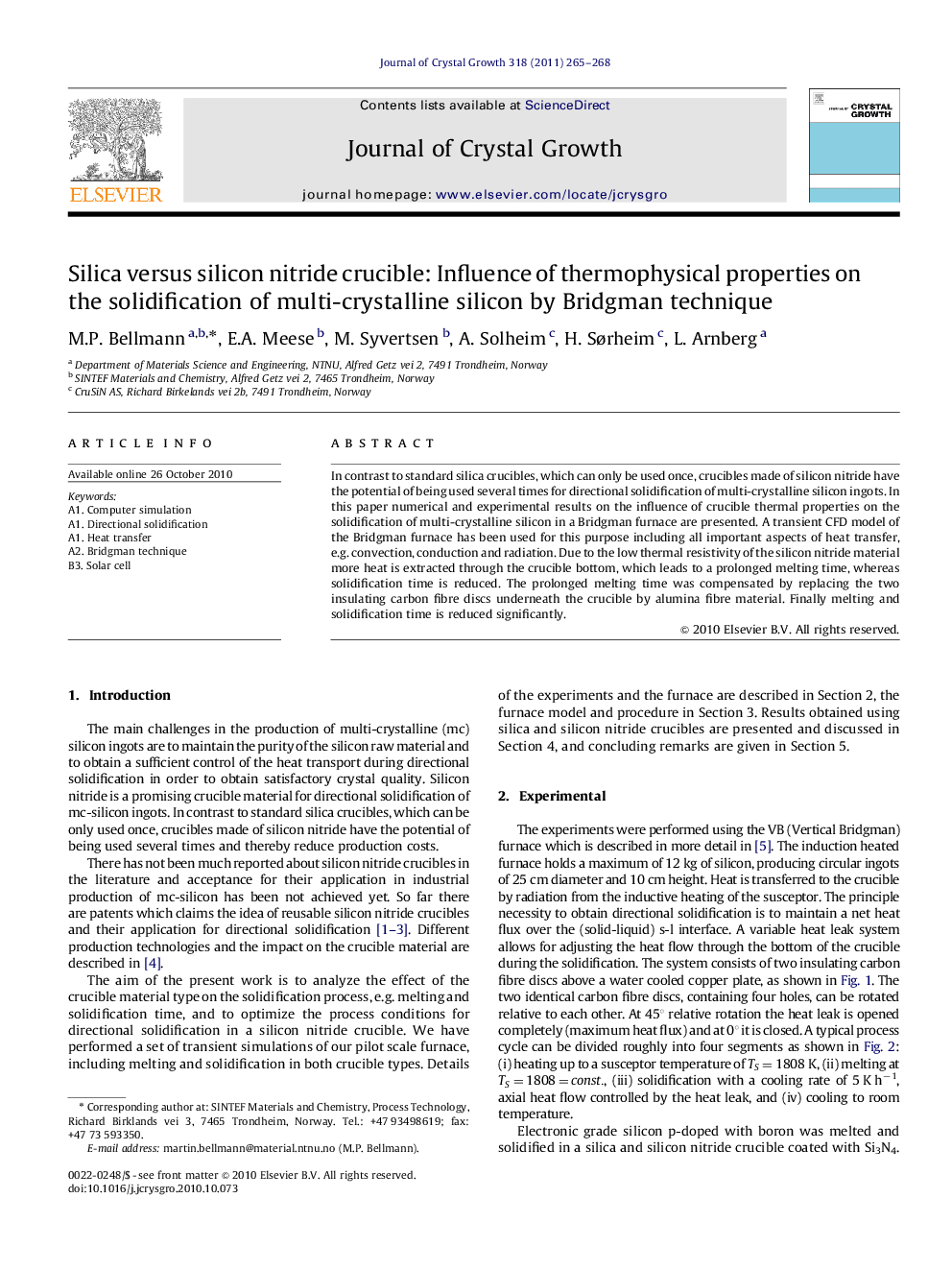 Silica versus silicon nitride crucible: Influence of thermophysical properties on the solidification of multi-crystalline silicon by Bridgman technique