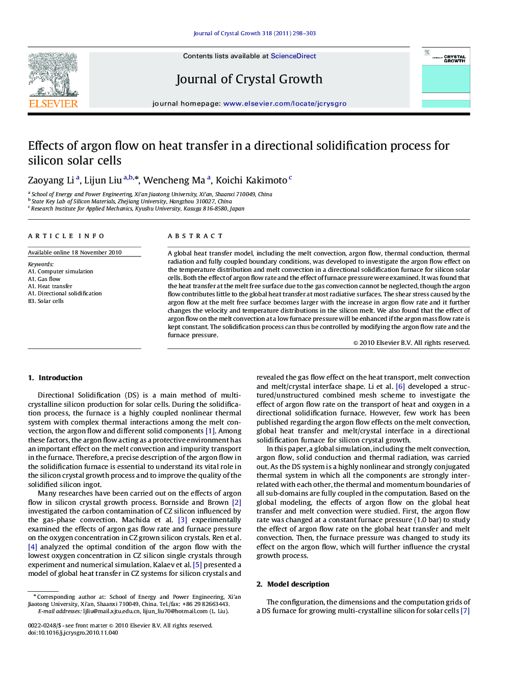 Effects of argon flow on heat transfer in a directional solidification process for silicon solar cells