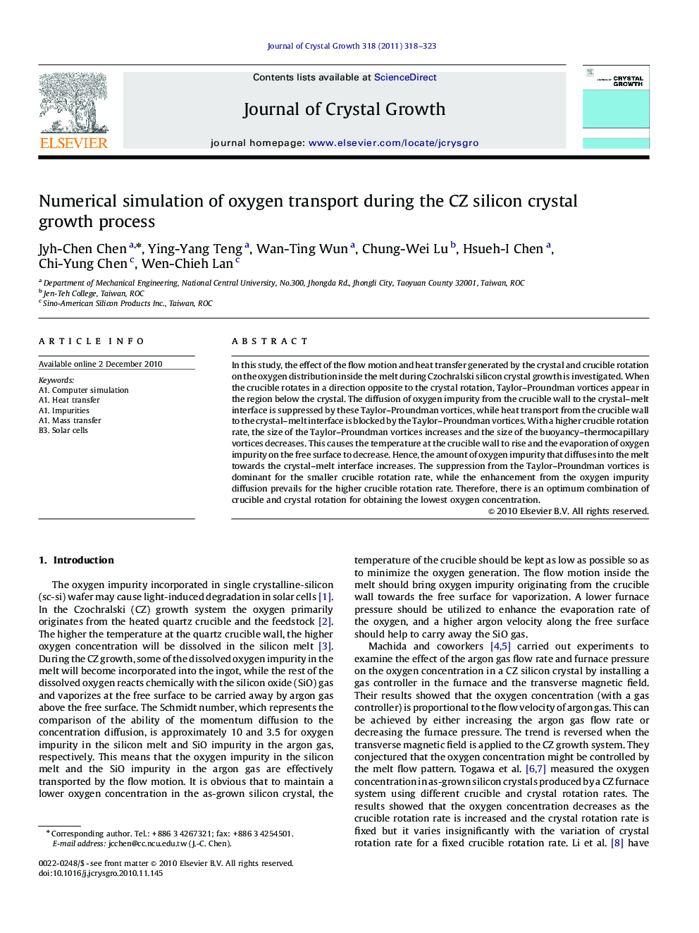 Numerical simulation of oxygen transport during the CZ silicon crystal growth process