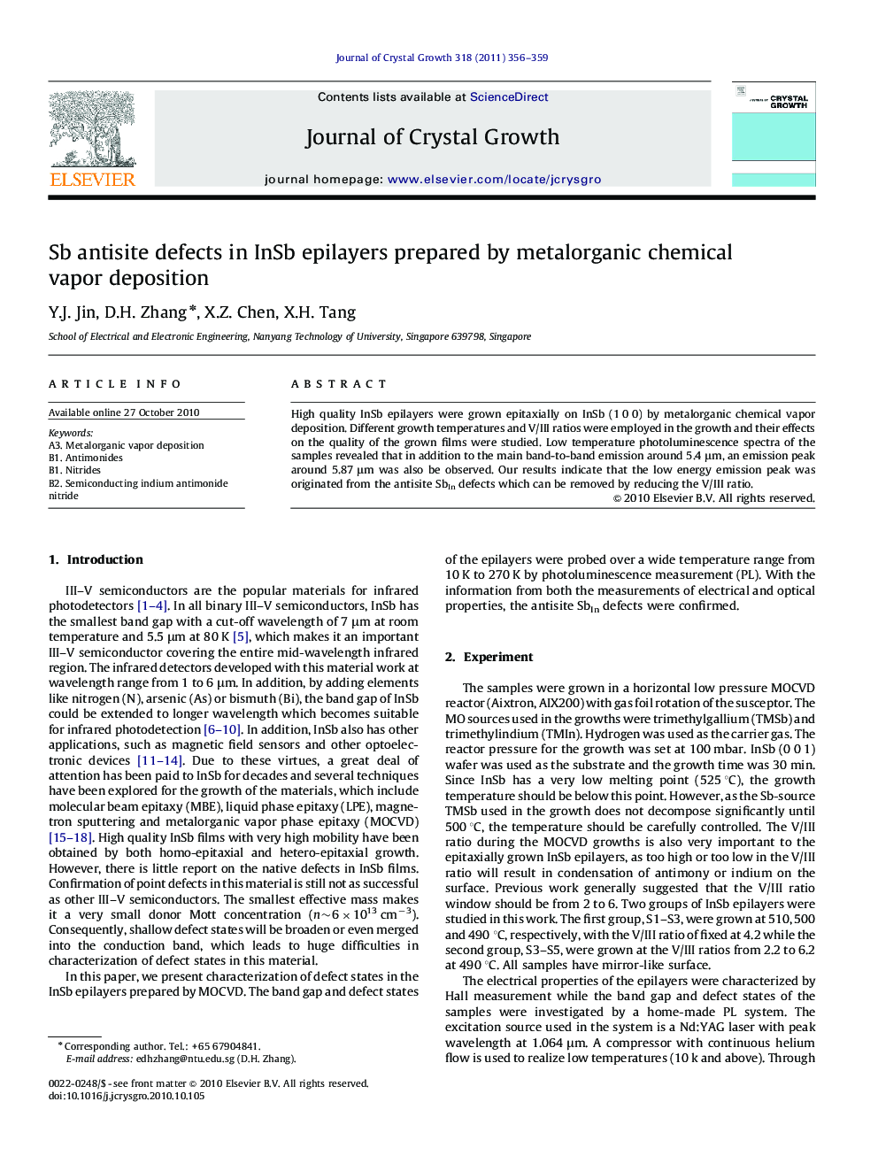 Sb antisite defects in InSb epilayers prepared by metalorganic chemical vapor deposition