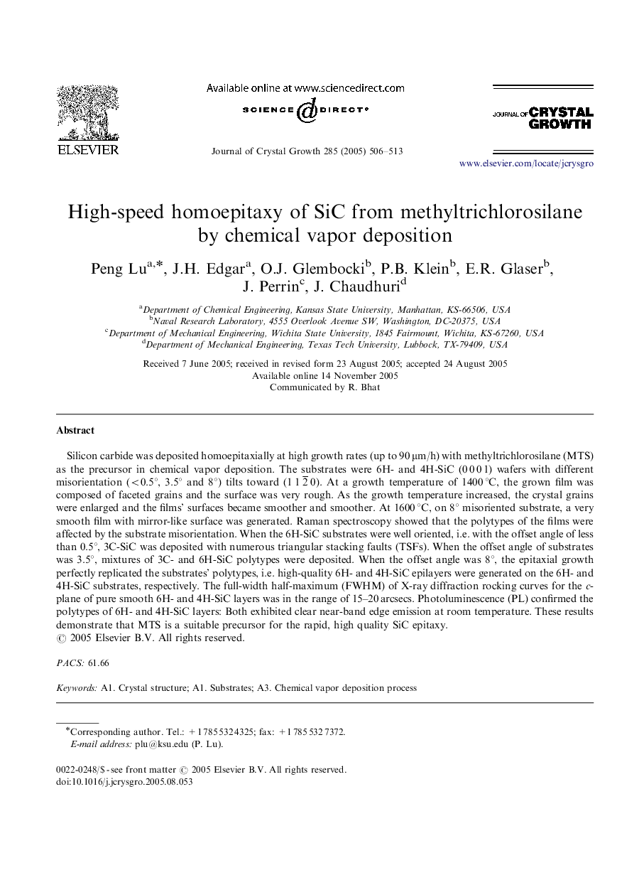 High-speed homoepitaxy of SiC from methyltrichlorosilane by chemical vapor deposition