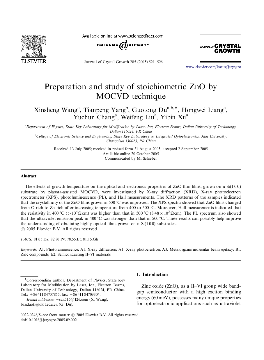 Preparation and study of stoichiometric ZnO by MOCVD technique