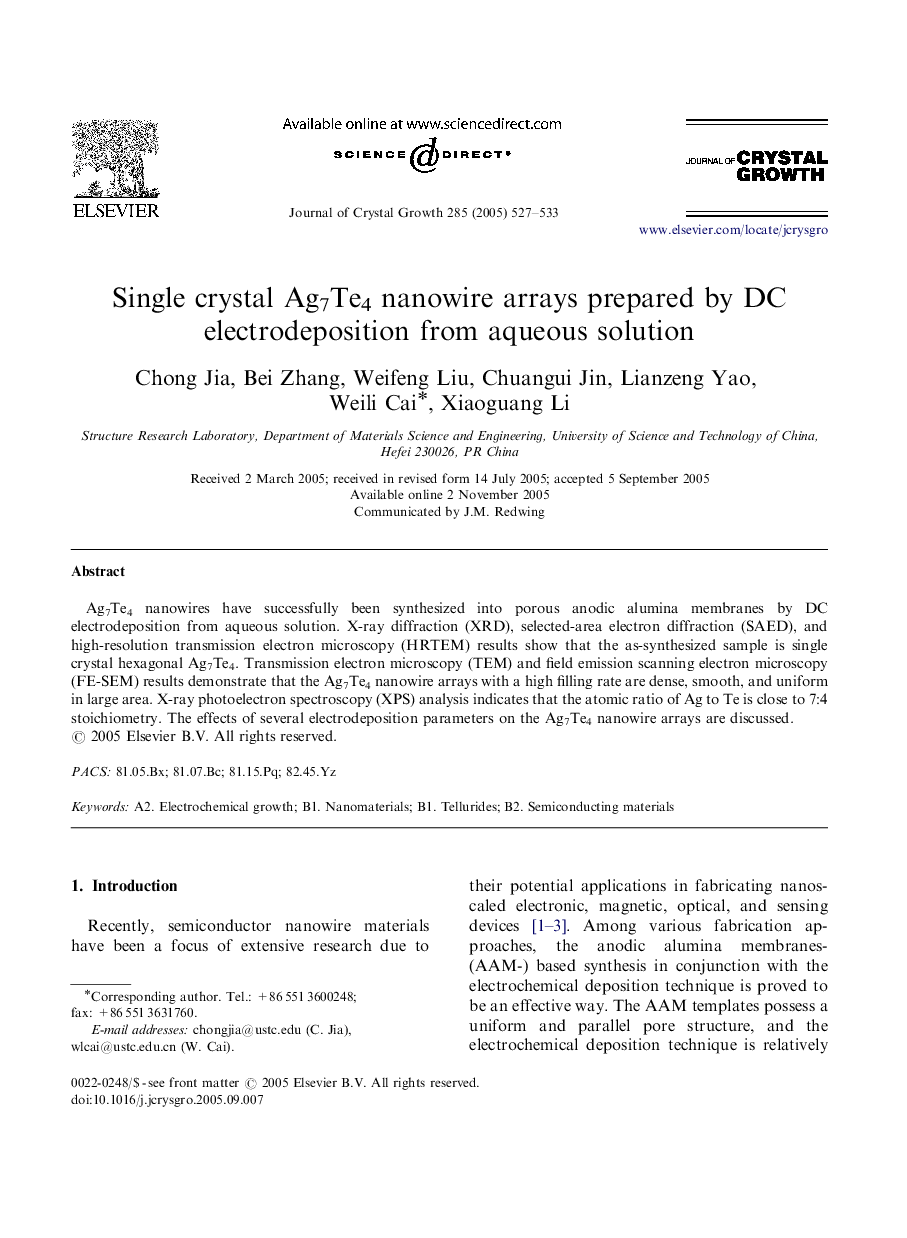 Single crystal Ag7Te4 nanowire arrays prepared by DC electrodeposition from aqueous solution