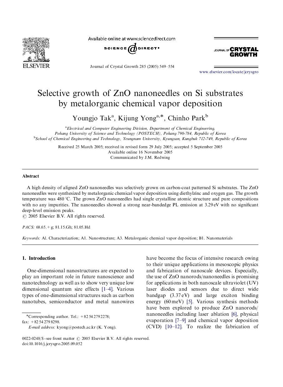 Selective growth of ZnO nanoneedles on Si substrates by metalorganic chemical vapor deposition