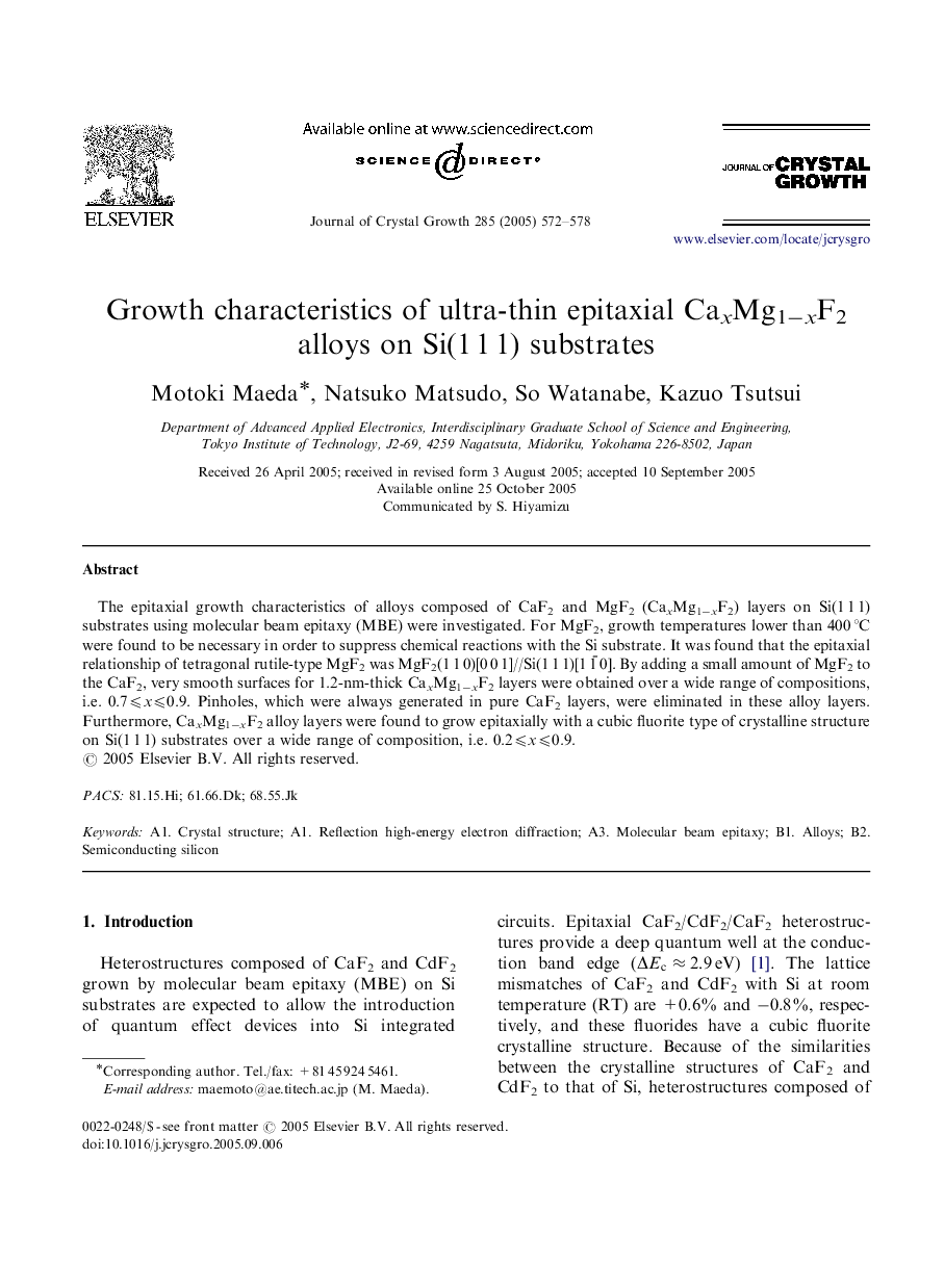 Growth characteristics of ultra-thin epitaxial CaxMg1âxF2 alloys on Si(1Â 1Â 1) substrates