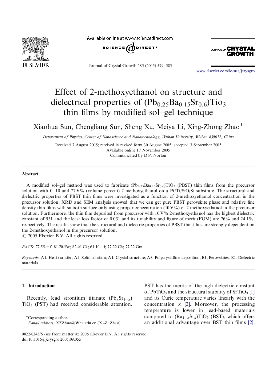 Effect of 2-methoxyethanol on structure and dielectrical properties of (Pb0.25Ba0.15Sr0.6)Tio3 thin films by modified sol-gel technique